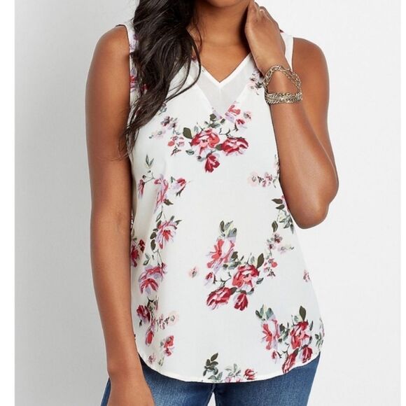 Maurices Plus XXL/20 White Floral Sheer Inset V Neck Tank Top Sleeveless Blouse - Picture 2 of 12